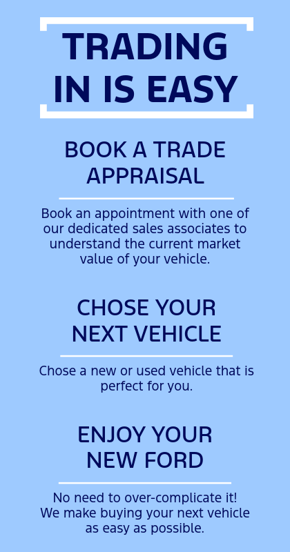 Trading in is easy. Book a trade appraisal with one of our dedicated sales associates to understand the current market value of your vehicle. Chose your next vehicle that is perfect for you. Enjoy your new Ford! No need to over-complicate it. We make buying your next vehicle as easy as possible.